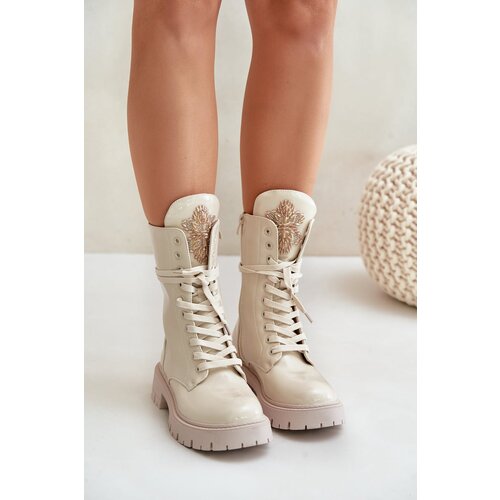 PS1 Lacquered Insulated Worker Ankle Boots With Decoration Beige Kelilea Slike