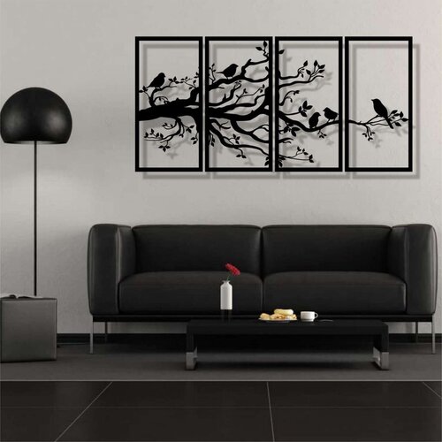 Wallxpert metalni zidni ukras 5438, grana sa pticama u 4 panela, 100 x 50 cm, crni Cene