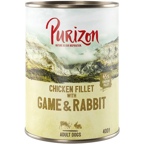 Purizon Varčno pakiranje Adult 24 x 400 g - brez žit - Divjačina & zajec z bučo in brusnicami