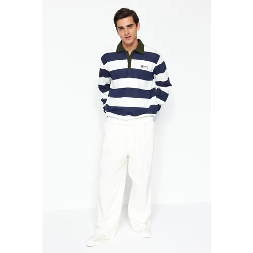 Trendyol Navy Blue Men's Regular/Regular Cut Polo Collar Striped Sweatshirt with a soft pile inside cotton.