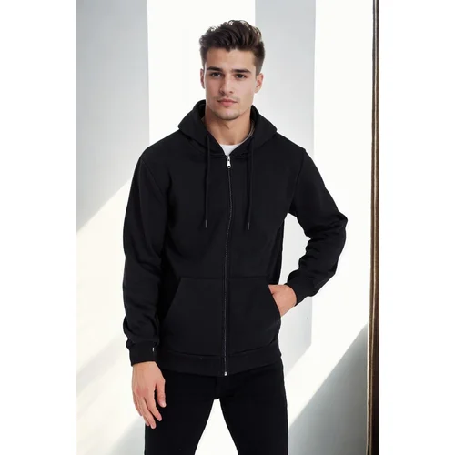 Dewberry 94090 Kangaroo Pocket Hooded Zipper Mens Sweatshirt-BLACK