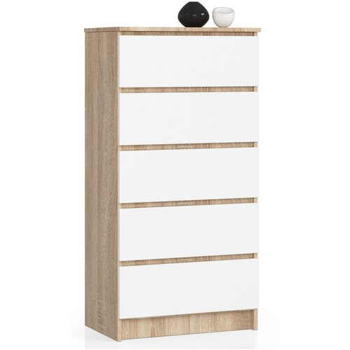 AKORD Komoda, 5 Predalov, Hrast Sonoma/Bela, (5000332363) Cene