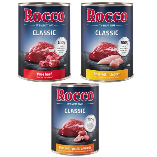 Rocco Classic poskusno pakiranje 6 x 400 g - Top miks: Čista govedina, govedina/perutninska srca, govedina/pi&scaron;čanec Cijene