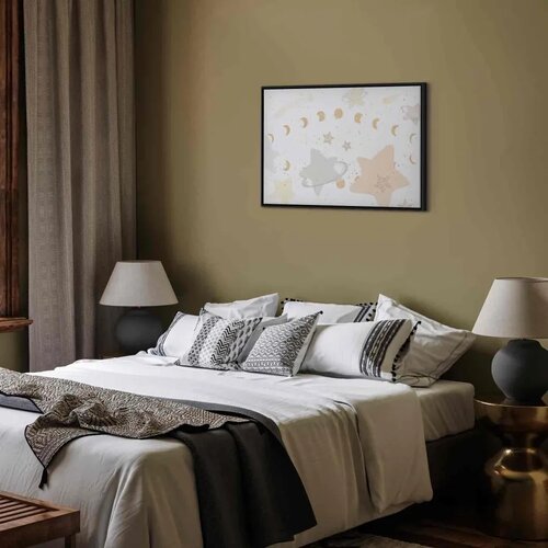  Slika - Fairy-Tale Galaxy - Phases of the Moon in Yellow Tones Among Stars in Beige and Ash Colors with Stardust 90x60 U crnom d Slike