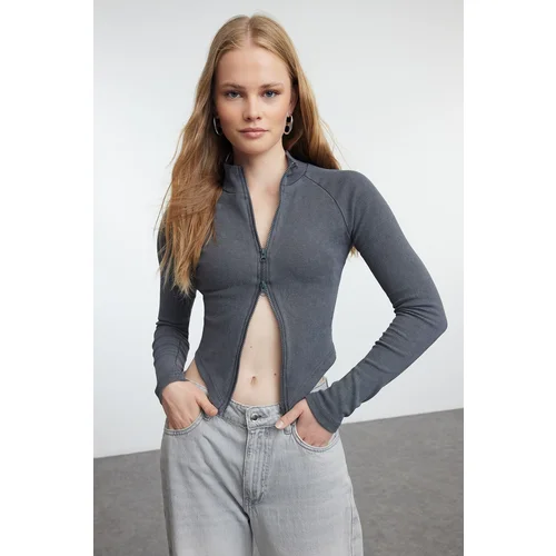 Trendyol Anthracite Washed Zippered Fitted Flexible Knitted Blouse