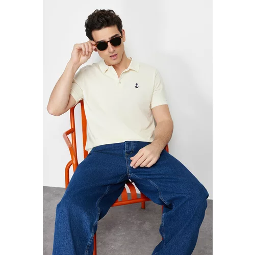 Trendyol Stone Regular Short Sleeve Men's Textured 100% Cotton Polo Neck T-shirt