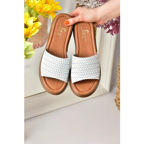 Fox Shoes White Genuine Leather Women's Thick Banded Knitted Model Daily Slippers