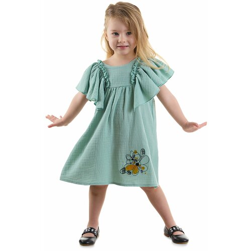 Denokids Floral Baby Girl Green Muslin Dress Cene
