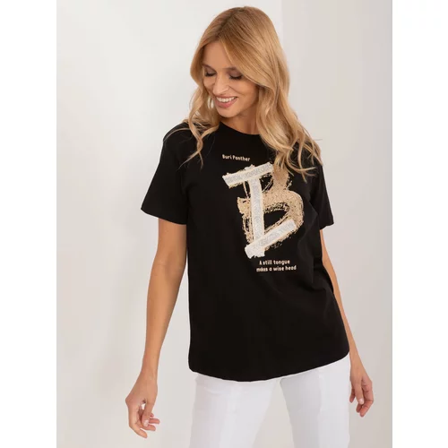 Fashion Hunters Black women's T-shirt with appliqué and inscriptions