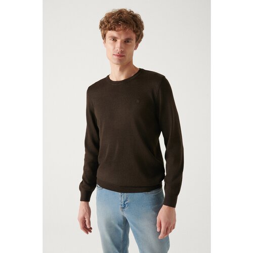 Avva Men's Brown Crew Neck Wool Blended Standard Fit Regular Cut Knitwear Sweater Slike