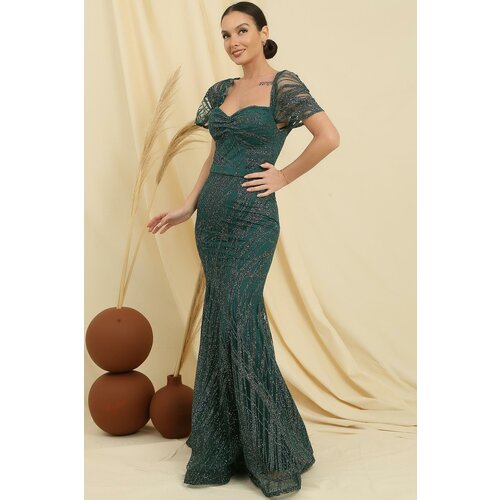 By Saygı Strapless Low Sleeve Lined SilveryFlock Printed Long Mermaid Dress Slike