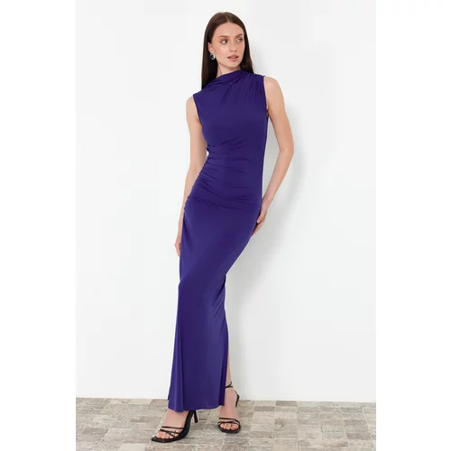 Trendyol Saks Draped Fitted High neck Sleeveless Stretchy Knitted Maxi Pencil Dress