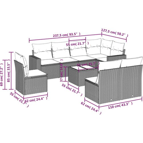 VidaXL 9-dijelni set vrtnih sofa od poliratana s jastucima sivi Slike