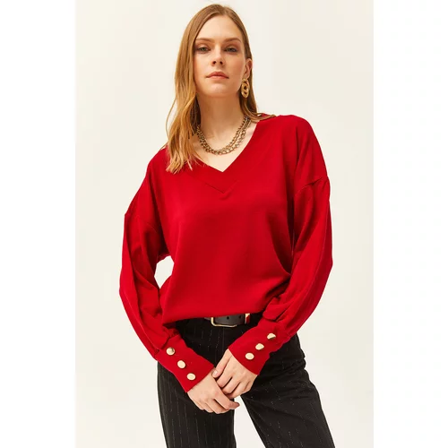 Olalook Women's Red V-Neck Button Detailed Knitwear Sweater
