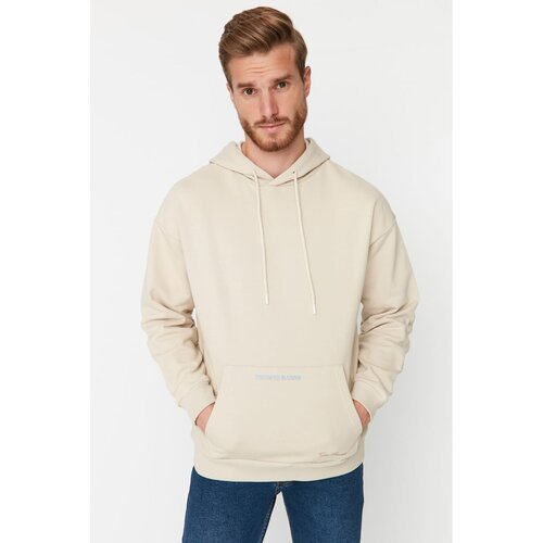 Trendyol Beige Men's Oversize Fit Hoodie Printed Sweatshirt Cene