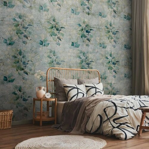  Foto tapeta - Mint tones - green leaf bouquets on a retro patterned background 250x175 Slike
