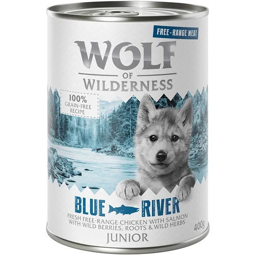 Wolf of Wilderness 6 x 400 g "Free-Range Meat" po posebnoj cijeni! - JUNIOR Blue River - piletina iz slobodnog uzgoja i losos