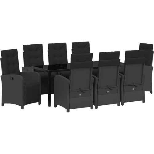 VidaXL set od 9 dijelova za objedovanje u vrtu s jastučićima Crna poli ratan, vrtni stol Crna 200x80x73 cm kaljeno staklo Slike