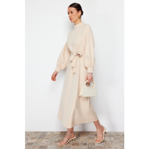Trendyol Ecru Stand Collar Belt Detailed Woven Dress Cene