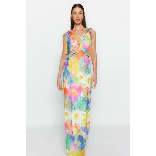 Trendyol Multicolored, Plain Cut, Woven Ruffle Detailed Floral Dress