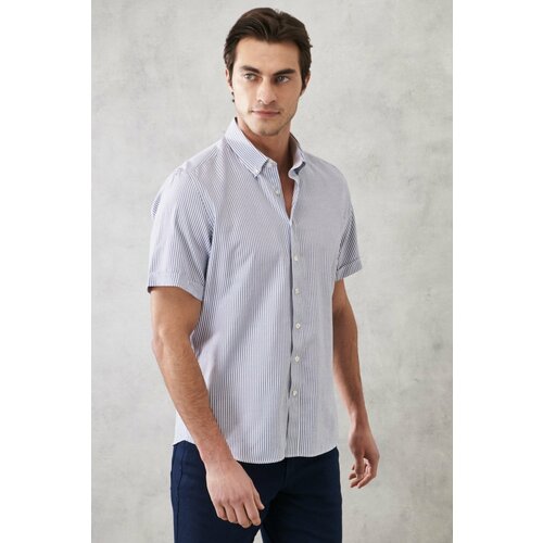 ALTINYILDIZ CLASSICS Men's White-Navy Blue Slim Fit Slim Fit Button-down Collar Striped Shirt Cene