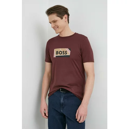 Boss Bombažna kratka majica bordo barva