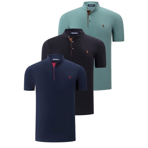 Dewberry TRIPLE SET T8560 MEN'S T-SHIRT-BLACK-LACQUERED-LIGHT KHAKI Cene