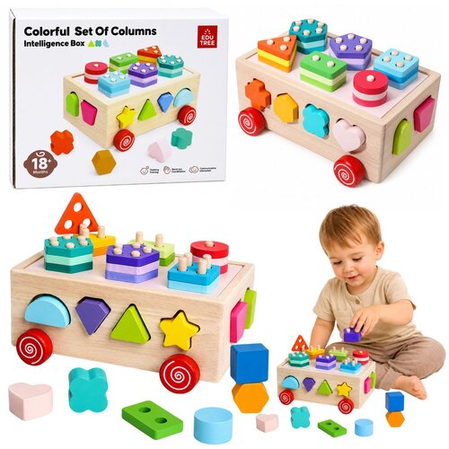  Wooden Montessori Educational Sorter on Wheels Shapes and Numbers Cene