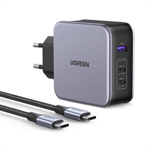 Ugreen Nexode 3-portni USB-C punjač od 140 W s PD 3.1 GaN i uključenim 240 W USB-C kablom sivi Slike