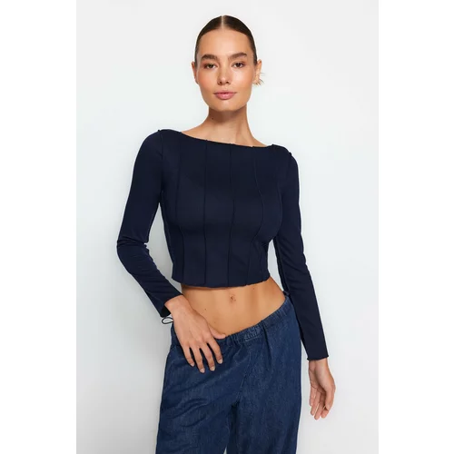 Trendyol Navy Blue Stitching Detail Carmen Collar Fitted/Situated Corduroy Knitted Blouse