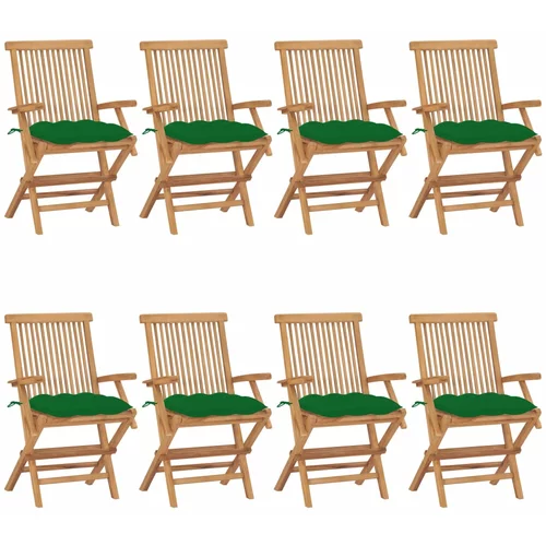 vidaXL Vrtne stolice sa zelenim jastucima 8 kom od masivne tikovine