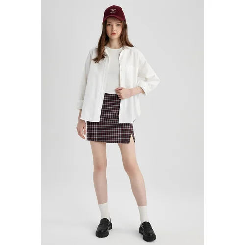 Defacto Square Patterned Slit Woven Mini Skirt