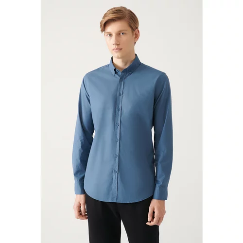 Avva Men's Indigo Button Collar 100% Cotton Slim Fit Slim Fit Shirt