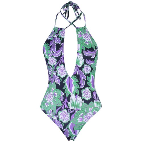 Trendyol black floral patterned deep v-neck swimsuit Slike