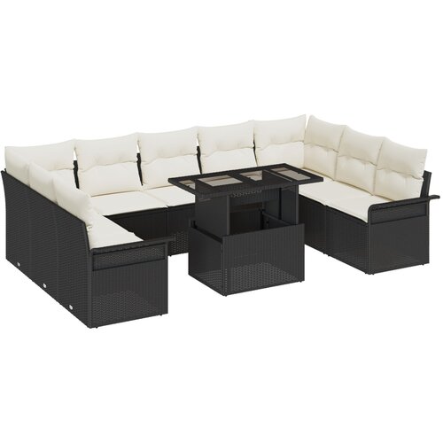 VidaXL 10 komadni vrtni set sofe s jastučićima, crni poli ratan, 2-sjedna vrtna sofa s odlaganjem i jastučićima, crni poli ratan Slike