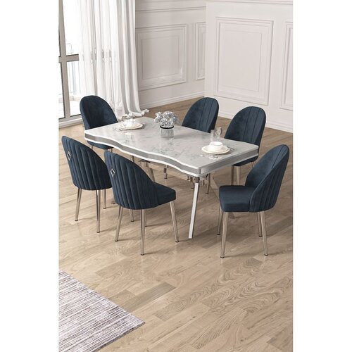 Hanah home trpezarijski set Pem, sto i 6 stolica, ploča u dekoru belog mermera, hromirane noge, antracit tkanina Babyface Cene