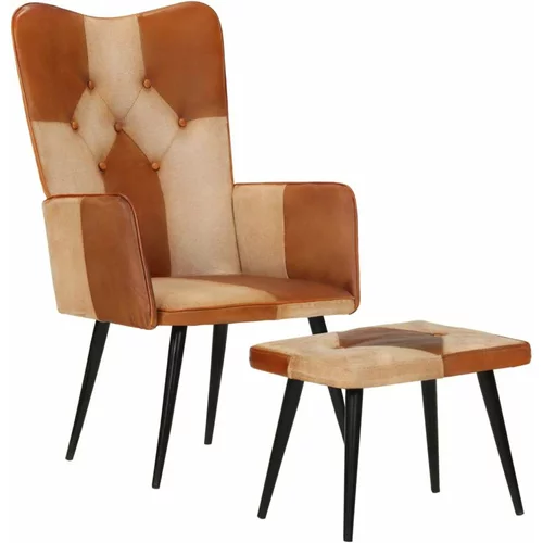  Fotelja s osloncem za noge smeđa od prave kože i platna