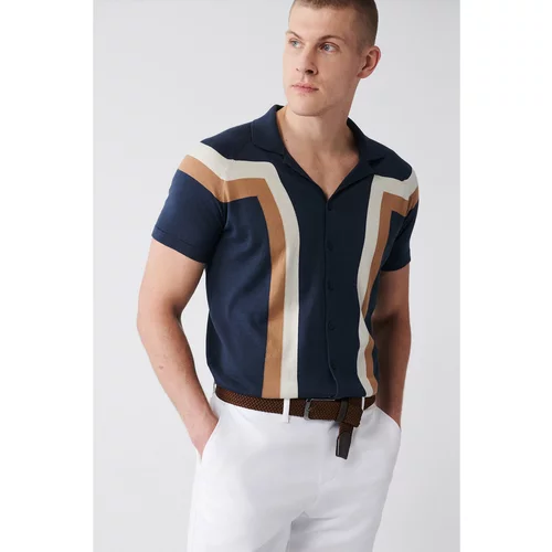 Avva Men's Navy Blue Cuban Collar Color Block Buttoned Standard Fit Normal Cut Knitwear T-shirt