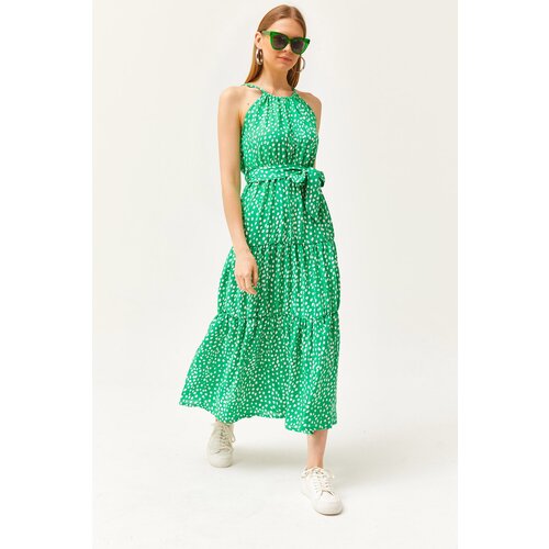 Olalook Women's Polka Dot Green Halter Neck Belted Woven Viscon Dress Slike