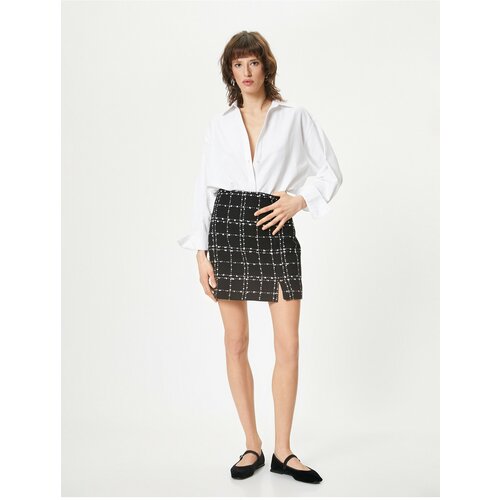 Koton Mini Tweed Skirt Slit Detail High Waist Slike