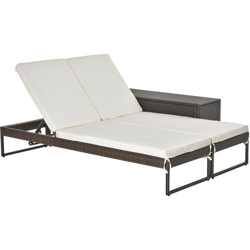 Outsunny 3delni modularni 2 ležalnika (60 x 195 x 86 cm) 1 stranska mizica (121 x 40 x 50 cm) iz ratana z rjavim in belim kremnim leži&amp;scaron;čem, (20754291) Slike