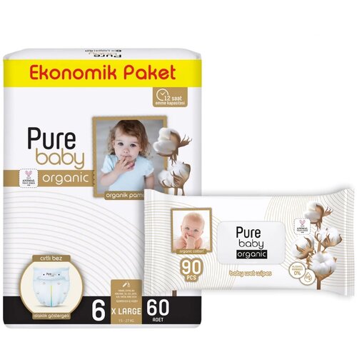 PURE BABY pelene sa organskim pamukom veličine 6 60 pelena + vlažne maramice 90 komada Slike