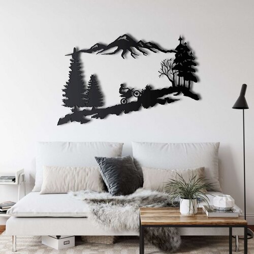 Wallxpert metalni zidni ukras 5260, motociklista u planinskom pejzažu sa šumom, 75 x 48 cm, crni Cene