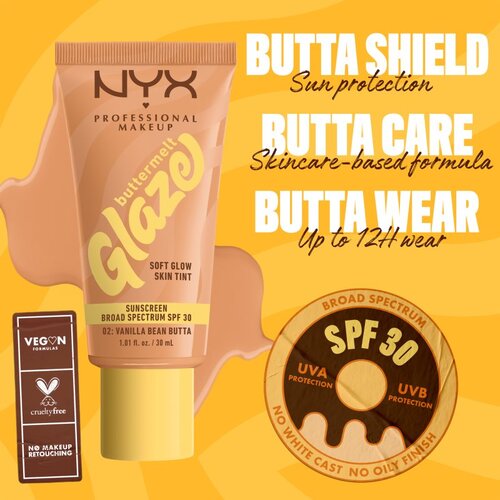 NYX Professional Makeup Buttermelt Glaze Soft Glow Skin Tint SPF30 puder za vse tipe kože 30 ml odtenek 02 Vanilla Bean Butta Slike