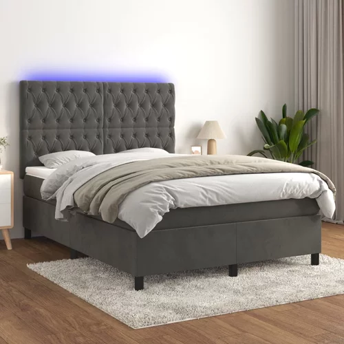 vidaXL Box spring postelja z vzmetnico LED temno siva 140x190 cm žamet