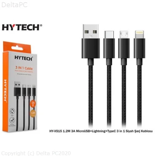 Hytech HY-X515 3u1 USB na Type-C, Lightning, microUSB oblozeni kabel 3A 1.2m Crni