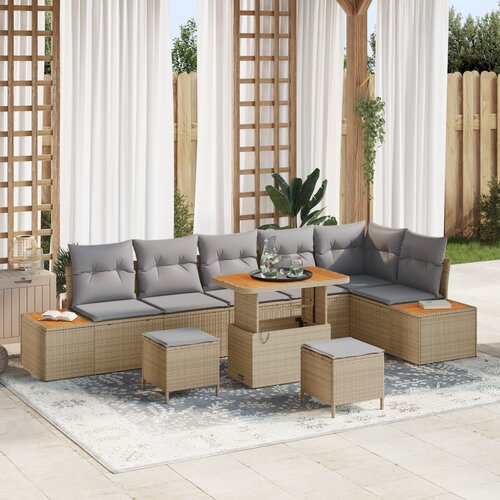 VidaXL 9 dijelni vrtni sofa set s jastučićima Bež Poli Ratan Akacija Slike