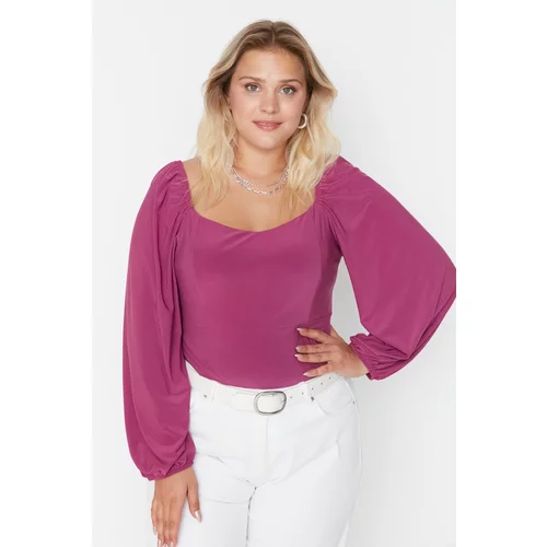 Trendyol Curve Fuchsia Square Neck Long Sleeve Knitted Blouse