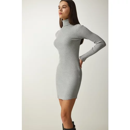 Happiness İstanbul Women's Light Gray Turtleneck Corduroy Knitted Dress