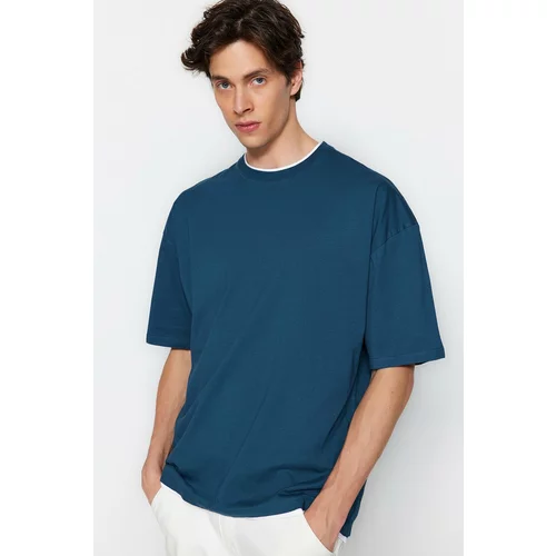 Trendyol Petrol Men's Oversize Crew Neck Short Sleeve Contrast Detailed Basic 100% Cotton T-Shirt